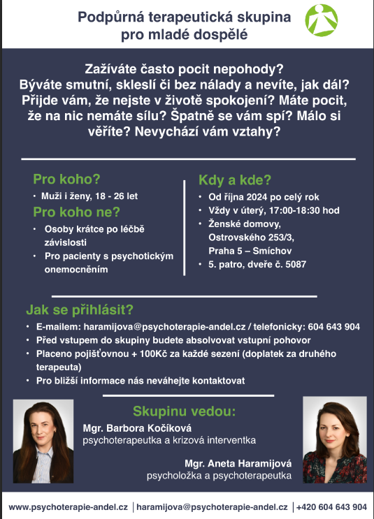Podpůrná psychoterapeutická skupina pro mladé dospělé - skupinu vede Aneta Haramijová a Barbora Kočíková